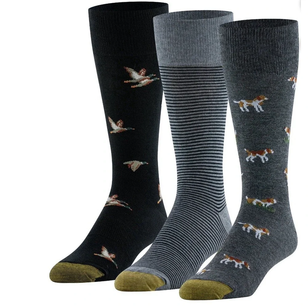GOLDTOE Dress Socks Men Size 6-12.5 Dogs Ducks Striped‎ Crew 3pk NEW